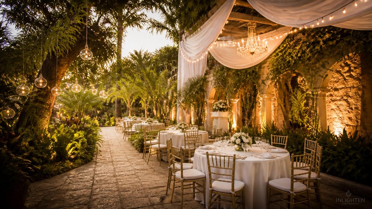 Vista del jardín y salón Diez&Seis preparado para un evento